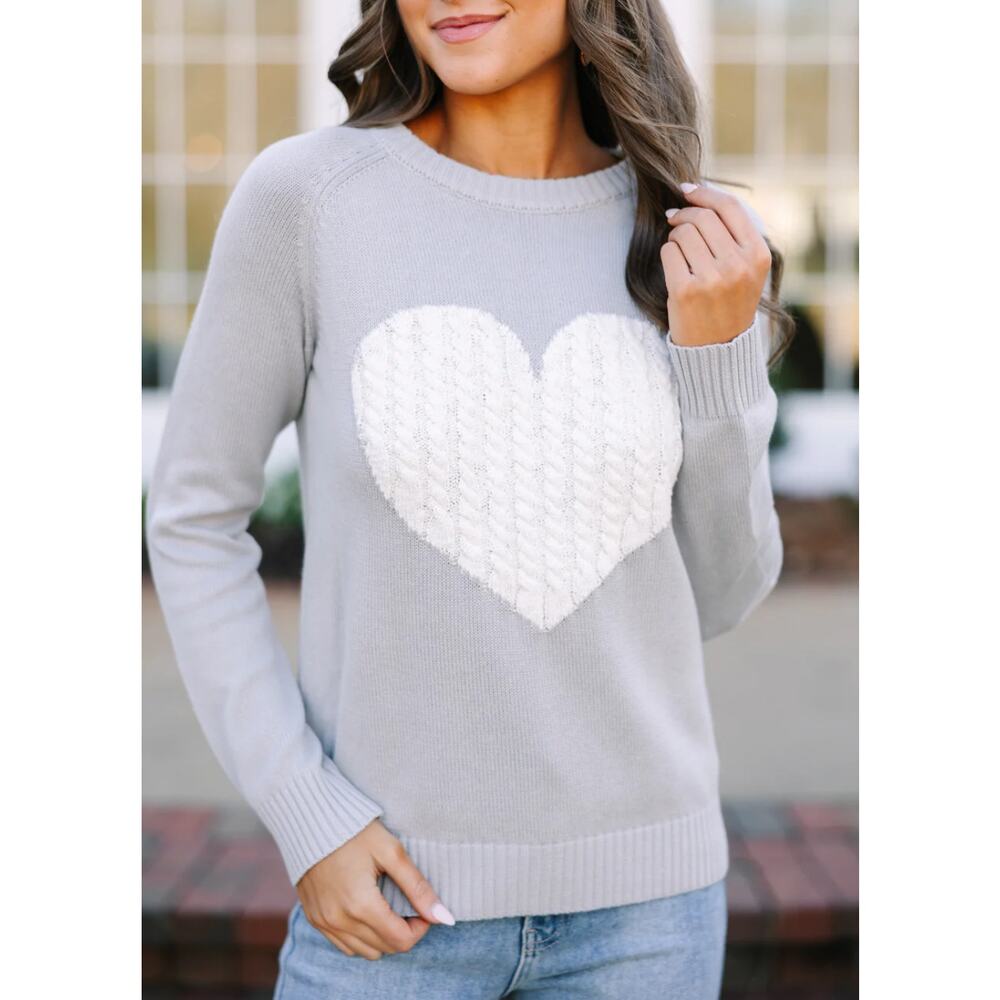 Pink Lily Gray Heart Sweater Oversized Cozy Knit Pullover Size Medium